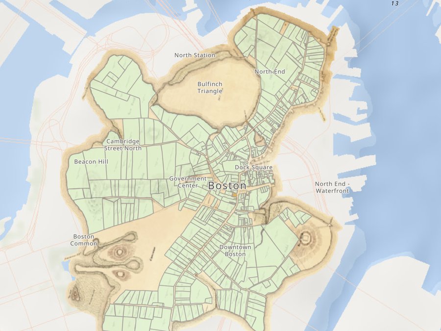 The Boston peninsula in 1648, its land parcels mapped in green over a modern basemap.
