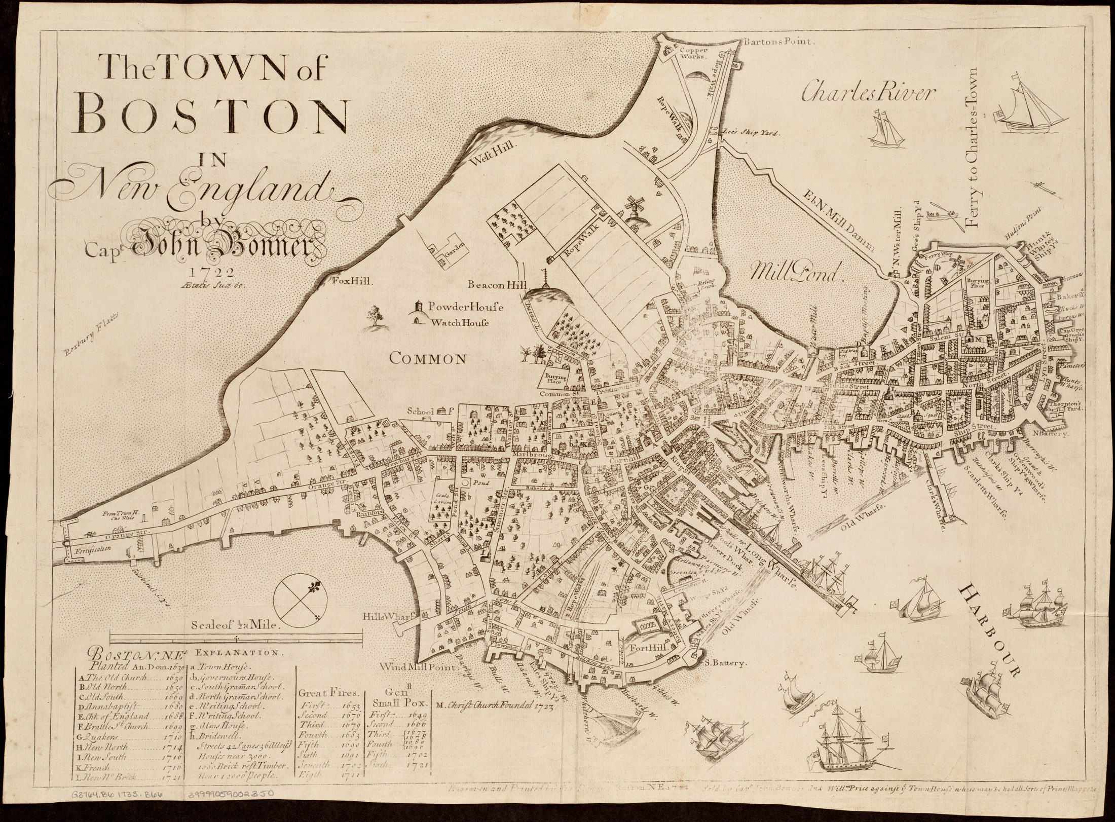 Detail of John Bonner's 1722 map of Boston.