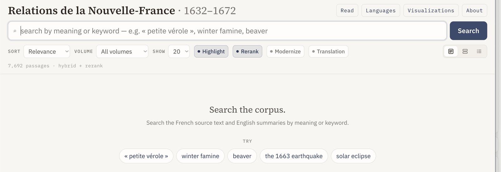 Screenshot of the Relations de la Nouvelle-France search page, showing the search box, its sort, volume, highlight, rerank, modernize and translation controls, and a set of example queries.